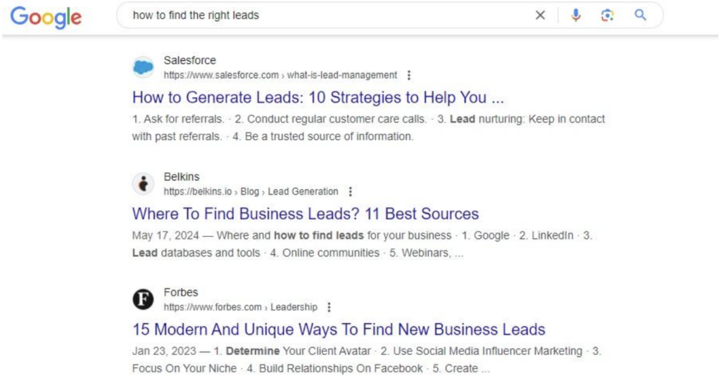 Google SERP for the keyword how to find the right leads