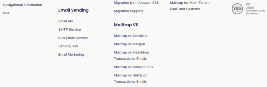 Comparison tables linked in the footer of a website